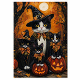 Enchanted Autumn Eve: Tuxedo Cat Witch and Kittens with Glowing Jack-O-Lantern on Ready to Hang 1.5" Thick Canvas Wrap, Floating Framed Canvas, Flat Rolled Canvas